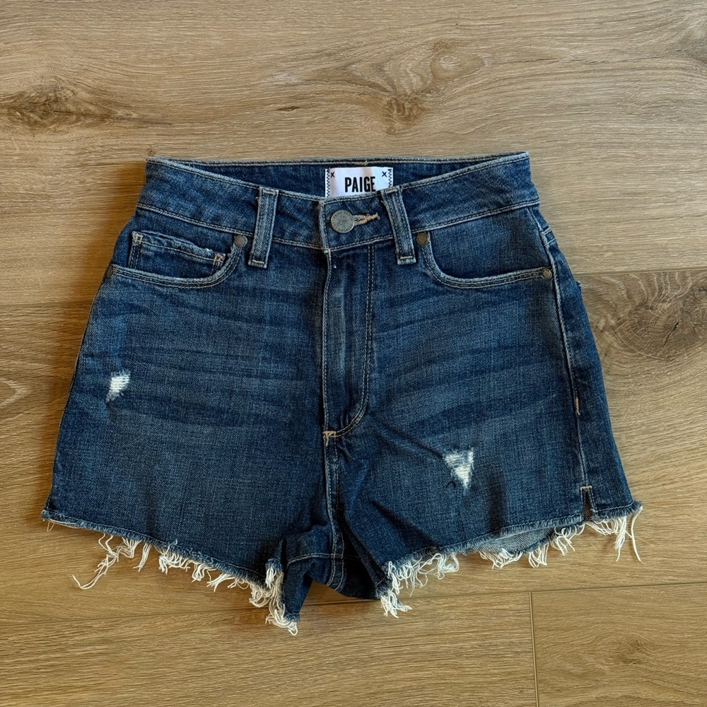 PAIGE Women's Frayed Hem Jean Shorts - Dark Blue